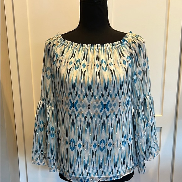 White House Black Market Blue Geometric Off/On-Shoulder Blouse S - Picture 7 of 9